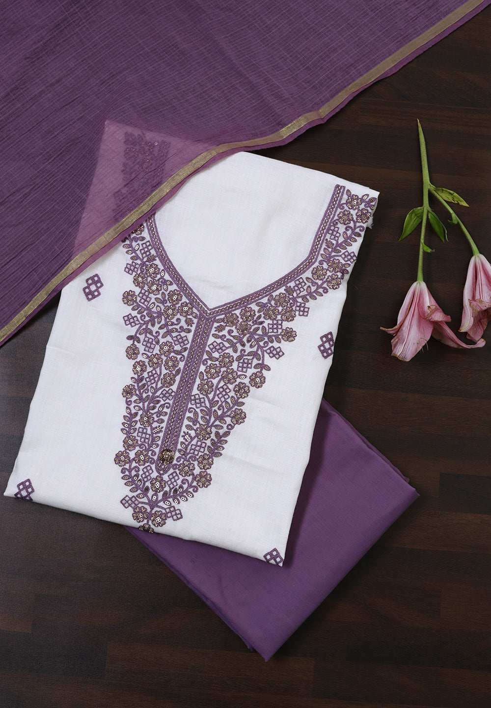 White Linen Cotton Unstitched Suit with Hand Embroidery