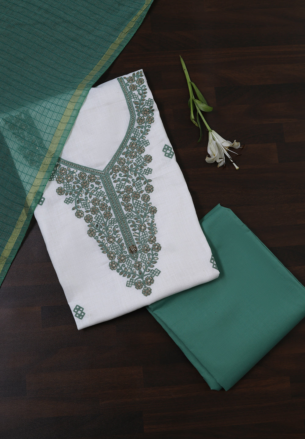 White Linen Cotton Unstitched Suit with Hand Embroidery