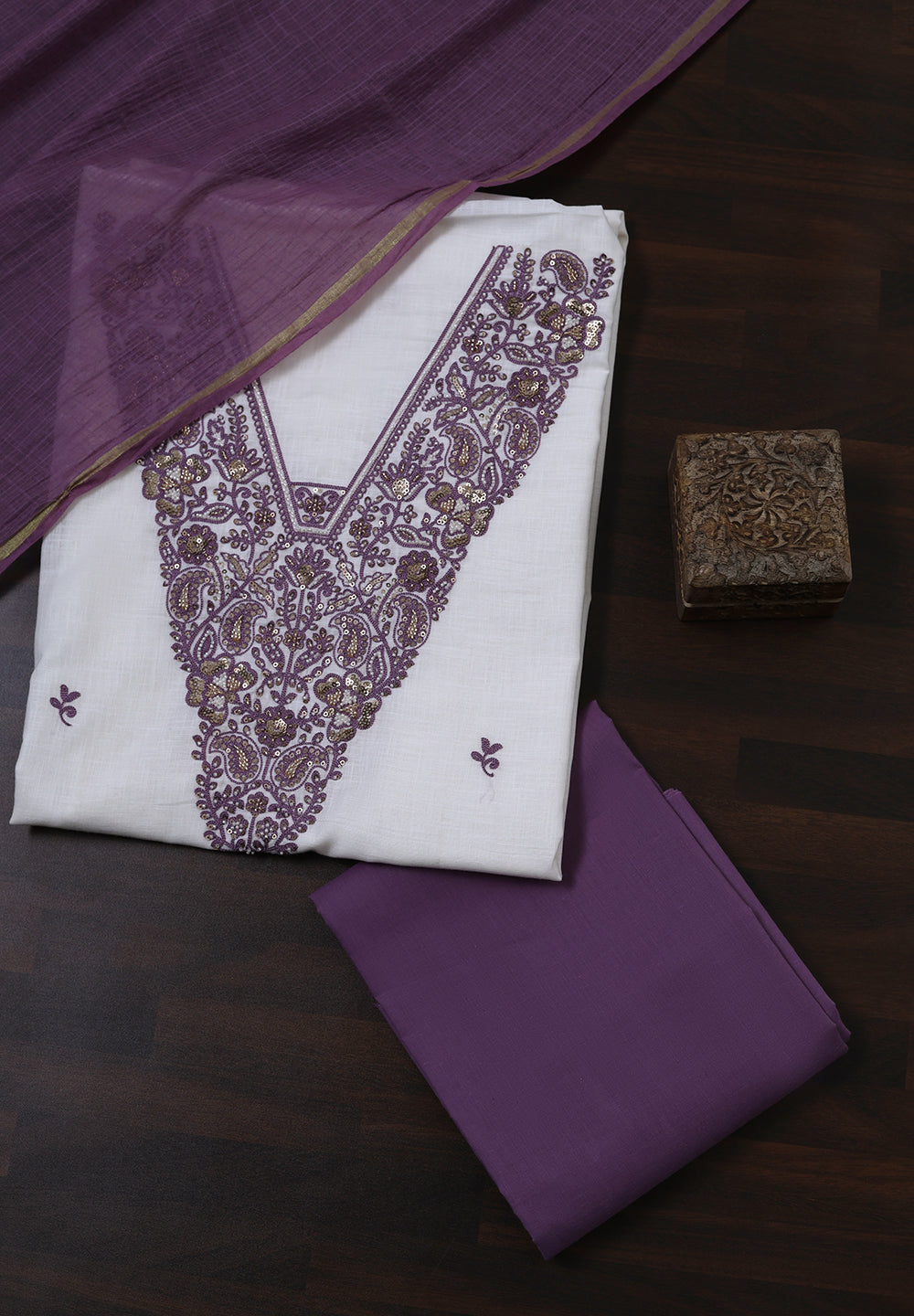 White Linen Cotton Unstitched Suit with Hand Embroidery