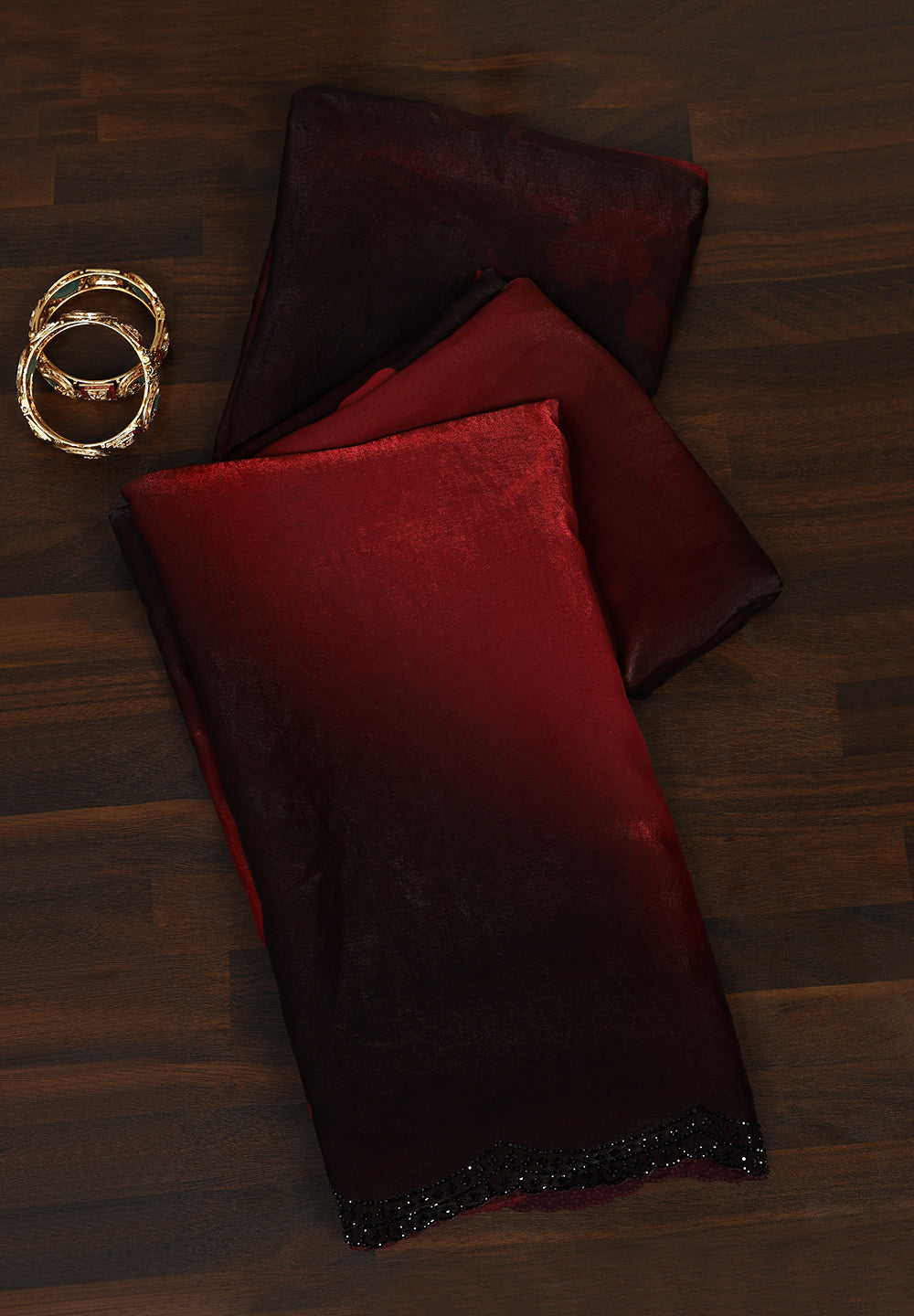 Organza Saree with Black Swarovski Work and Scalloped Cutwork Border