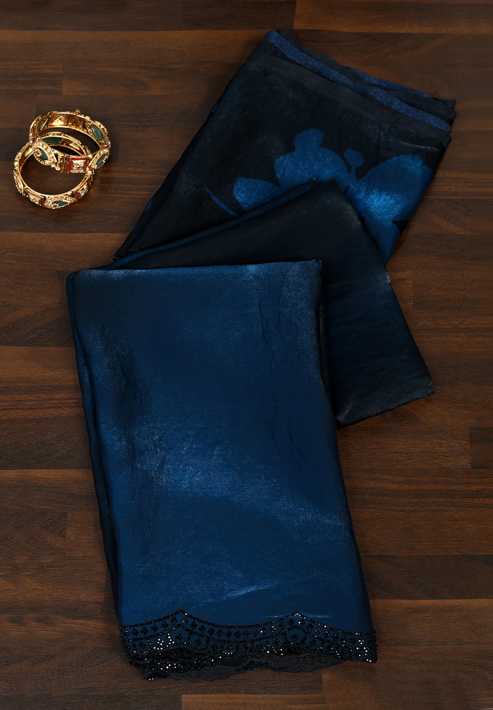 Organza Saree with Black Swarovski Work and Scalloped Cutwork Border