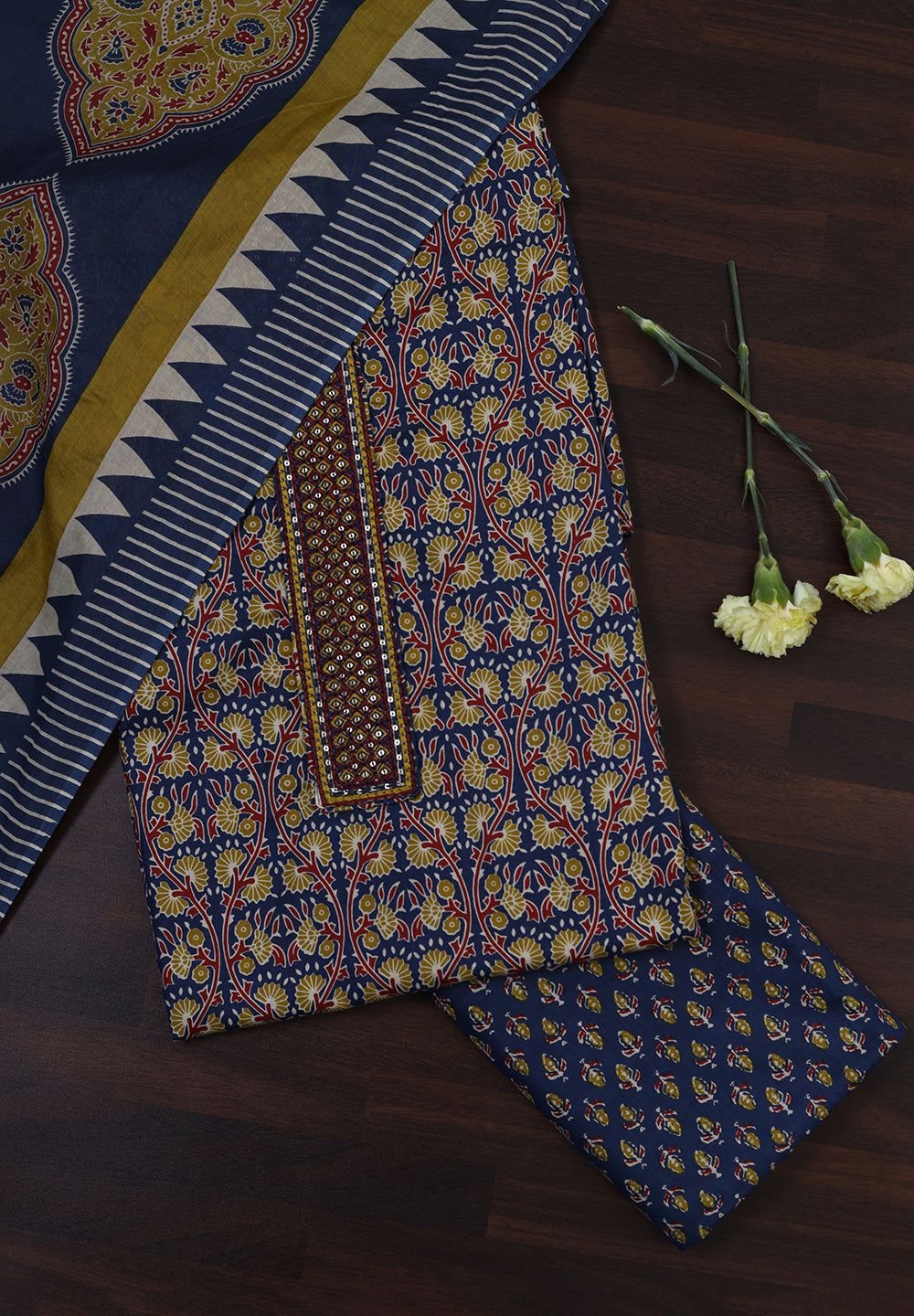 Ethnic Floral Print Cotton Suit Set with Foil Thread Embroidery & Printed Dupatta