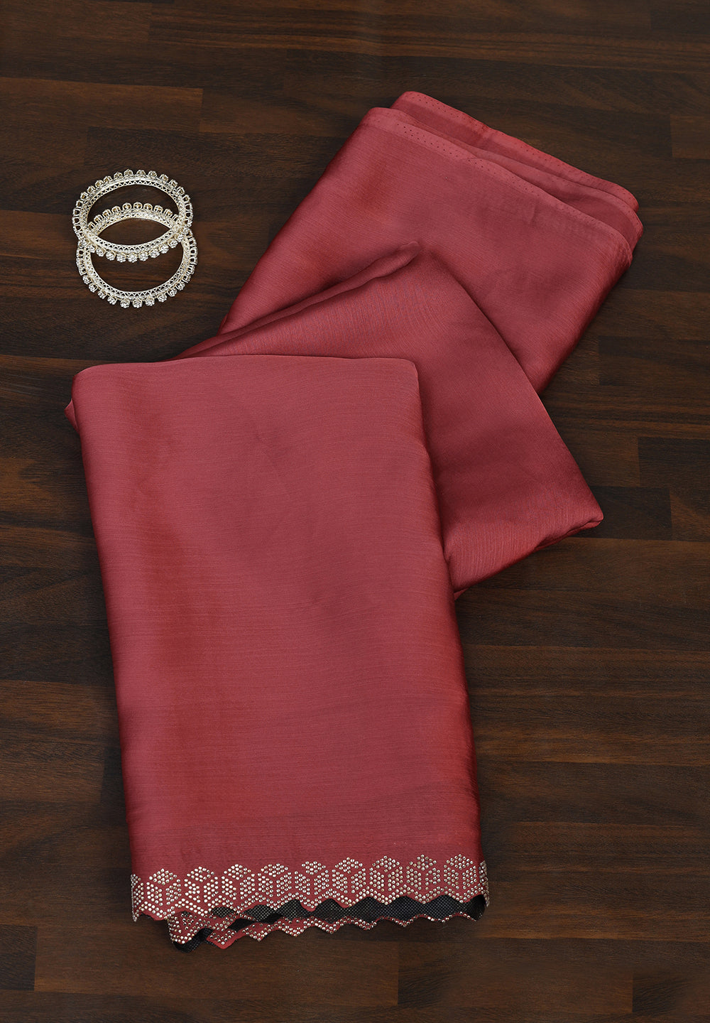 Exquisite Plum Crepe Saree with Swarovski Embellishments and Scalloped Geometric Borders