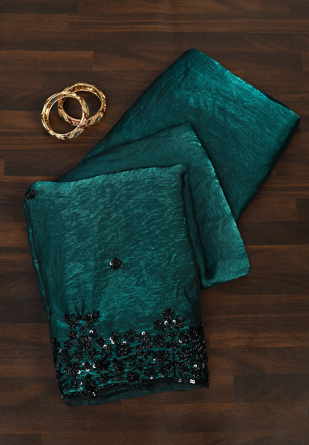 Golden Organza Saree with Black Sequin & Beads Artistry