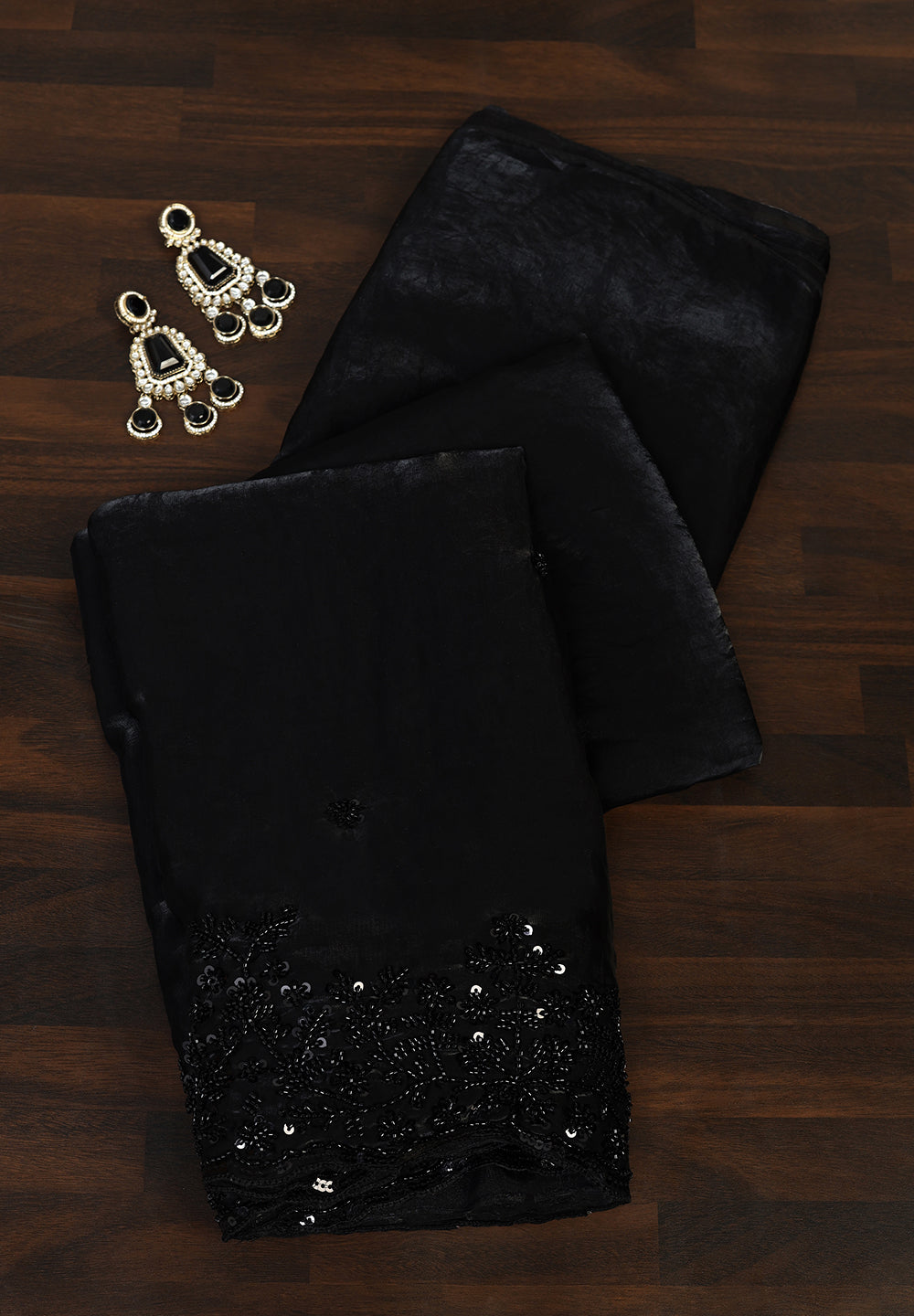 Golden Organza Saree with Black Sequin & Beads Artistry