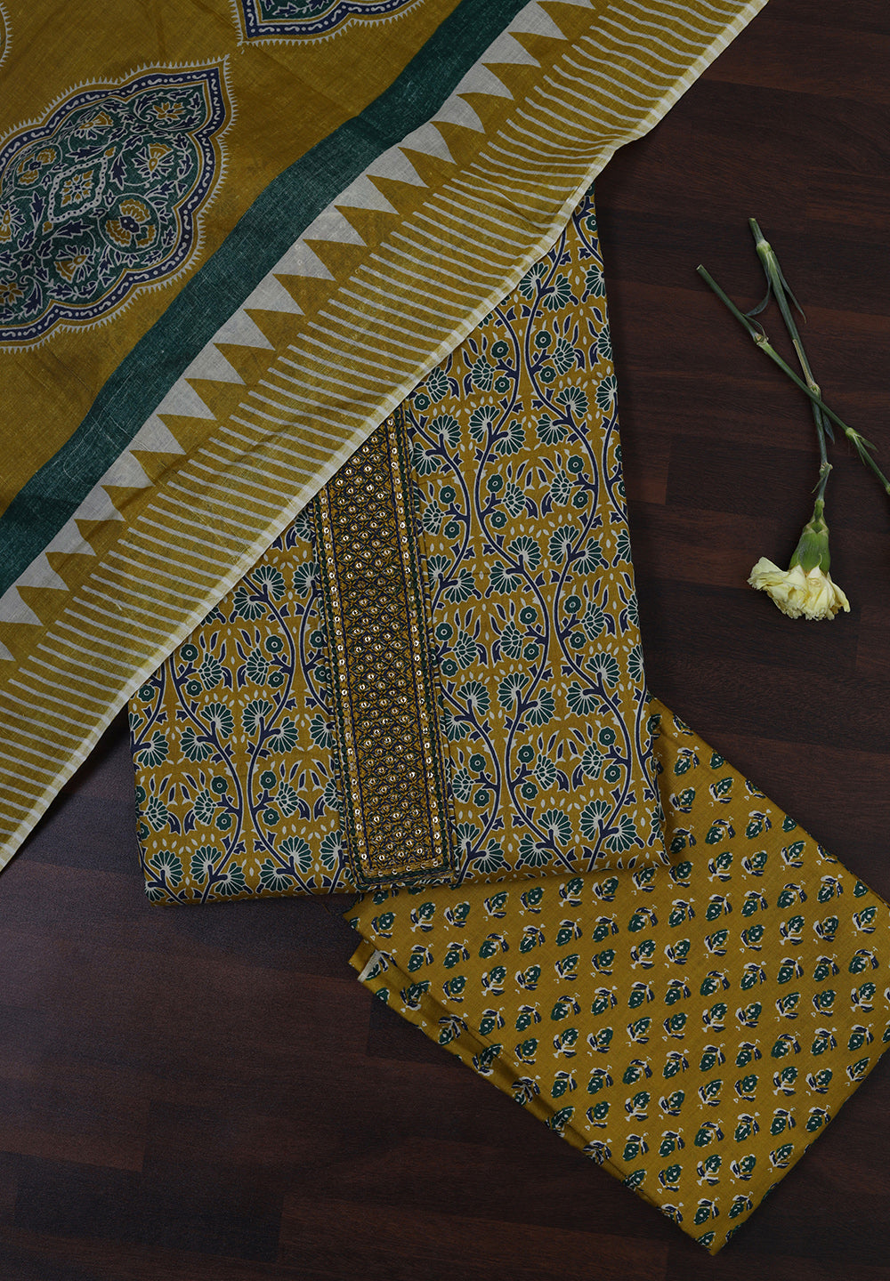Ethnic Floral Print Cotton Suit Set with Foil Thread Embroidery & Printed Dupatta