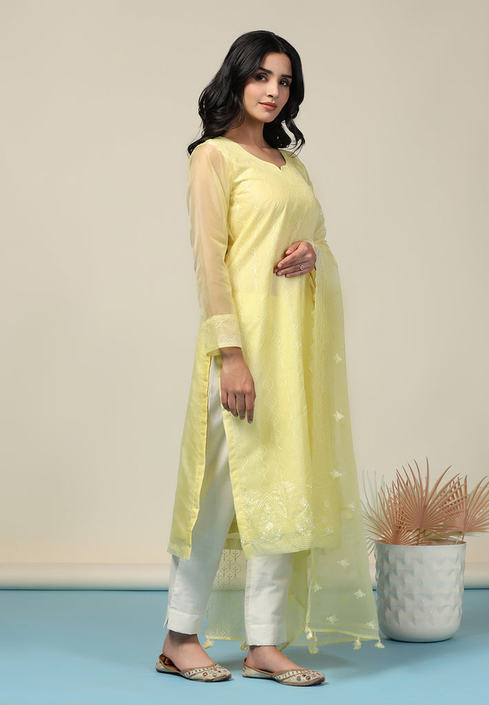 Unstitched Yellow Thread Work Suit Set Online | Bombay Selections