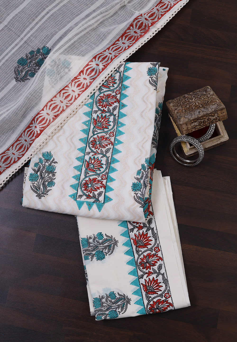 Cotton Unstitched Suit with Thread Sequins Work & Printed Dupatta