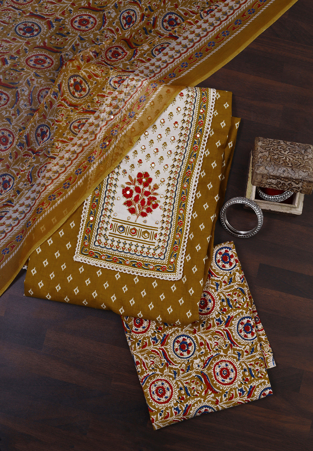 Unstitched Suit with Intricate Thread Neck Patch & Printed Chiffon Dupatta