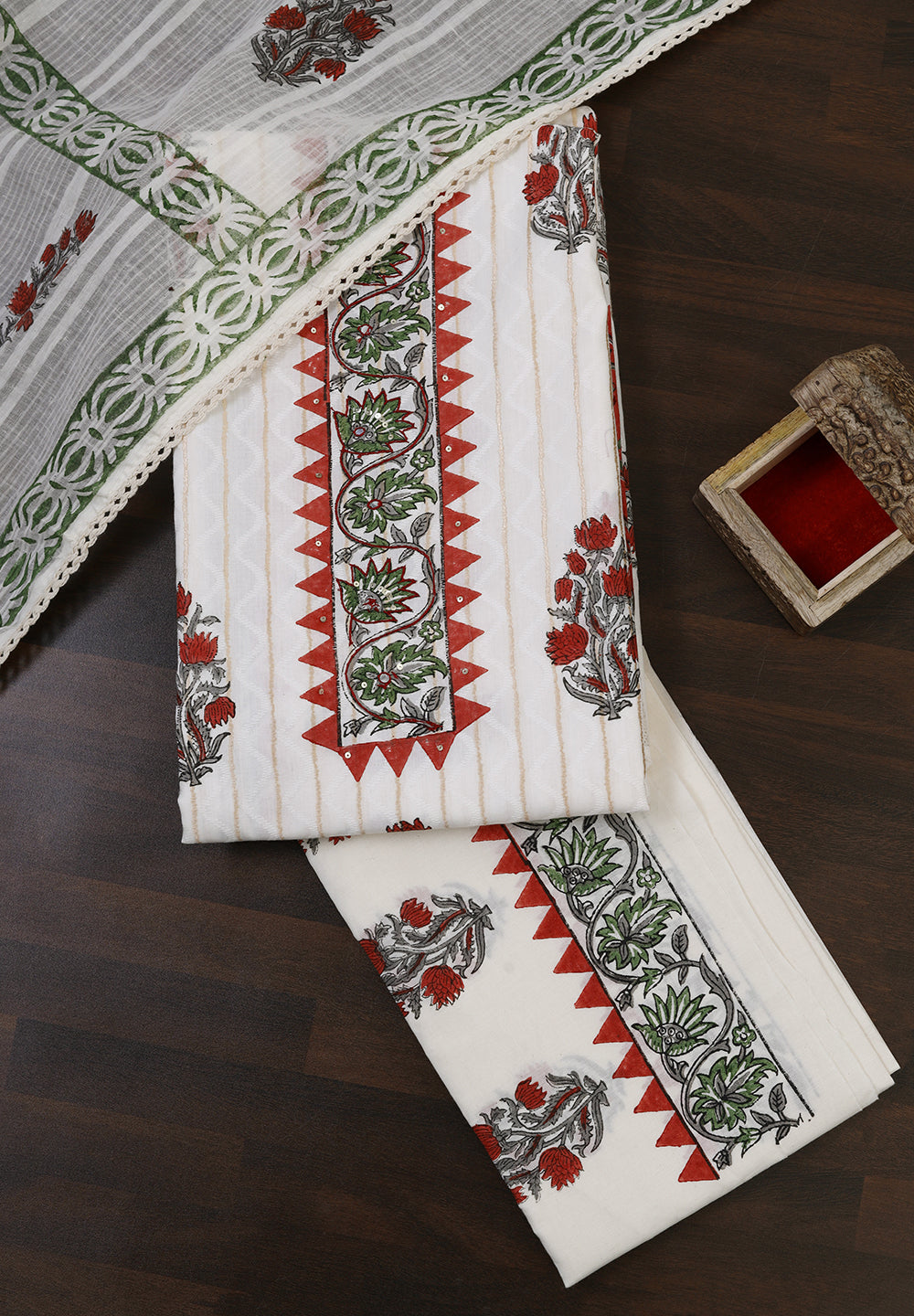 Cotton Unstitched Suit with Thread Sequins Work & Printed Dupatta