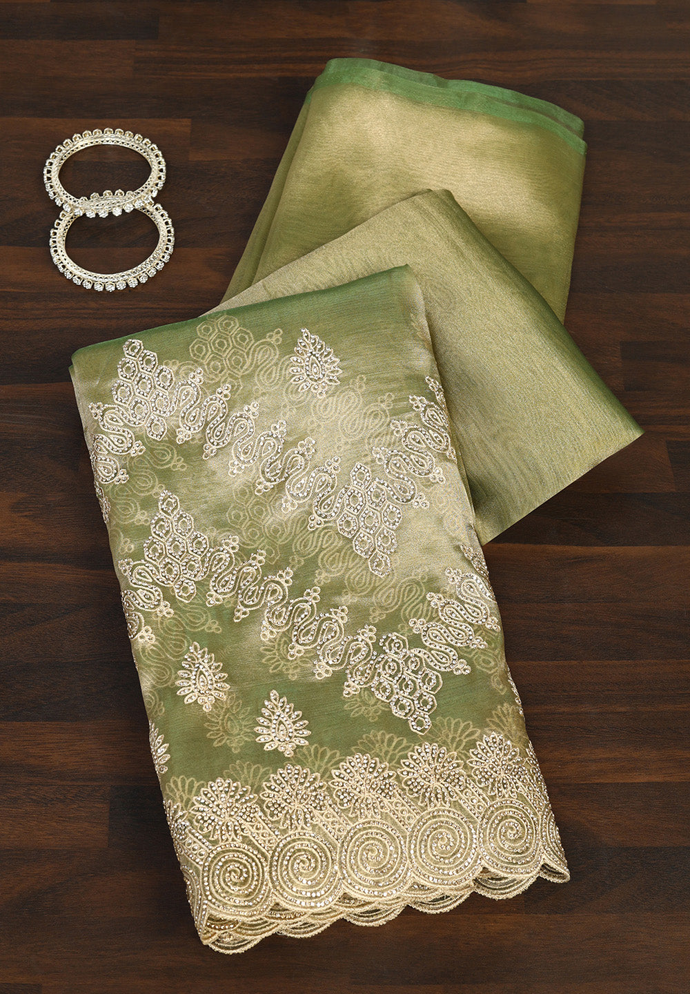 Exquisite Shimmer Organza Saree with Intricate Threadwork & Swarovski Accents