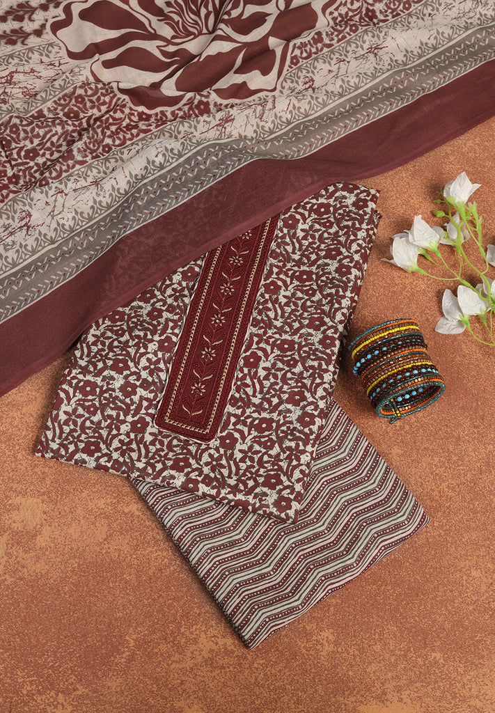 "Printed Cotton Suit with Thread Work Neck Patch – Unstitched & Elegant"