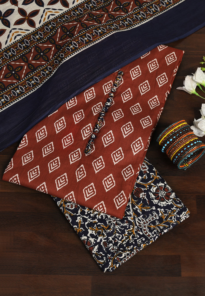 "Breezy Cotton Charm: Unstitched Printed Suit with Striking Contrast Dupatta"