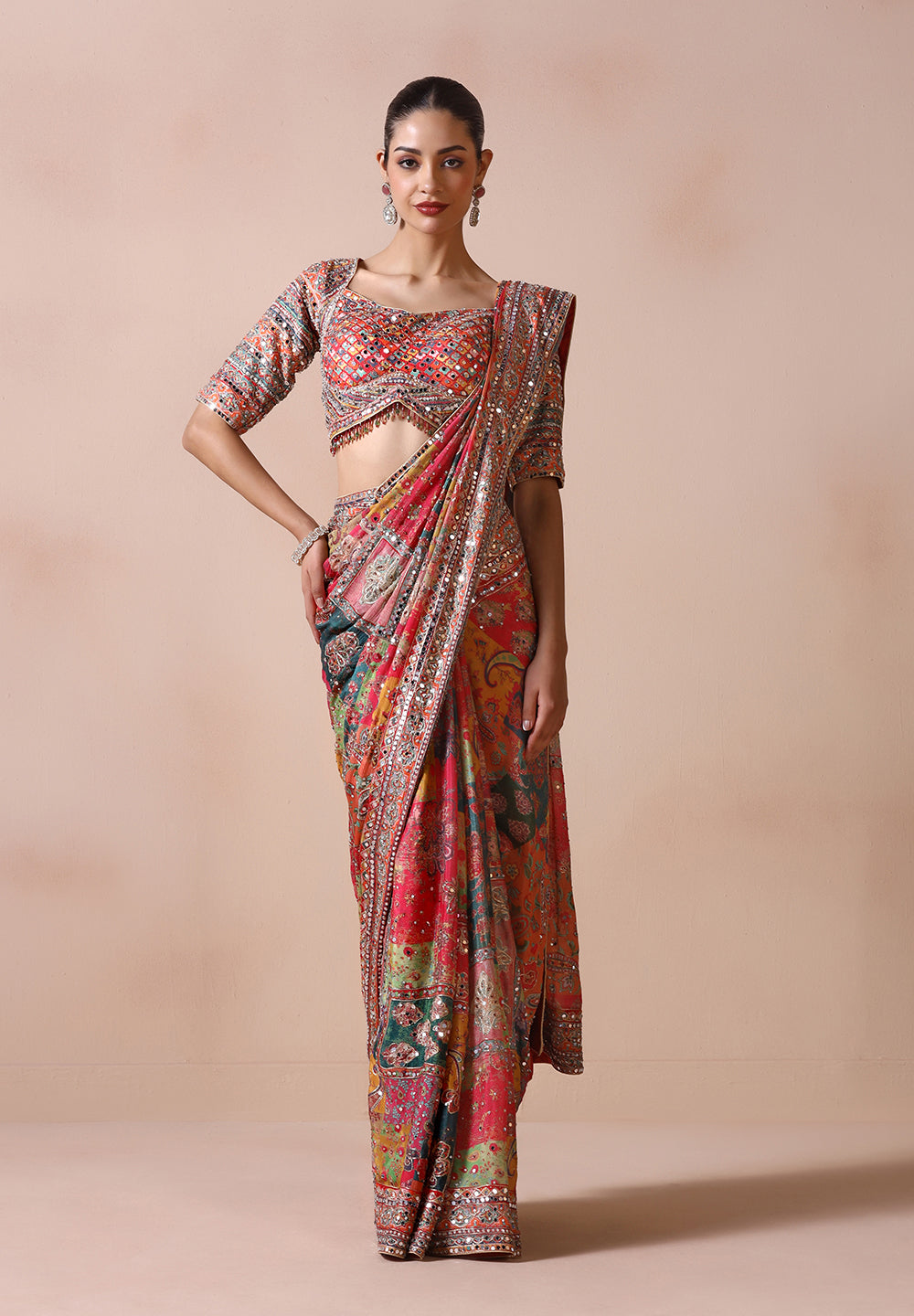 Multicolour Heritage Patchwork Saree with Embellished Blouse