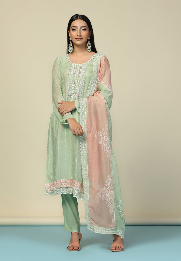 Unstitched Green Organza Suit Online | Bombay Selections