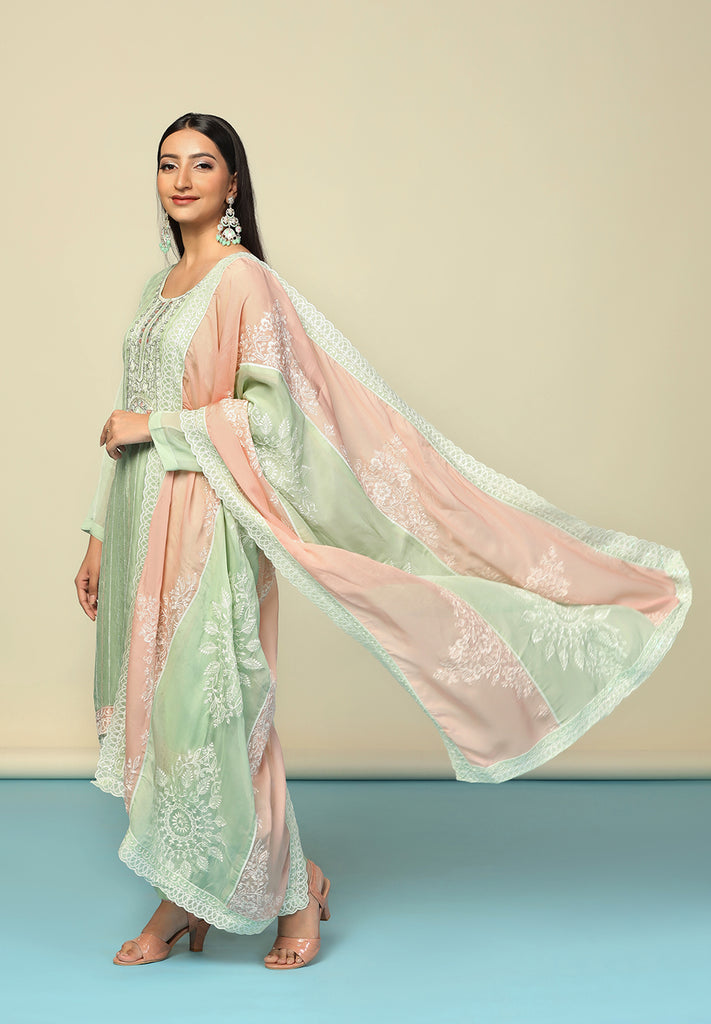 Unstitched  Green Organza Suit Online | Bombay Selections