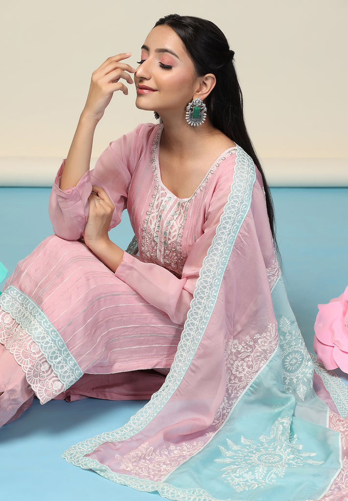 Pink Unstitched Organza suit Online | Bombay Selections