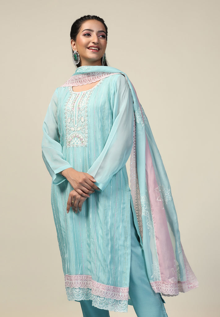 Buy Seagreen Unstitched Organza Suit Online | Bombay Selections