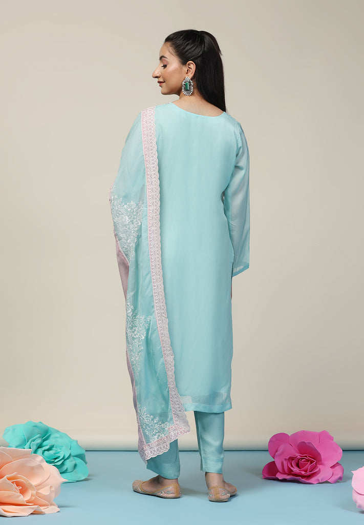 Seagreen Unstitched Organza Suit Online | Bombay Selections