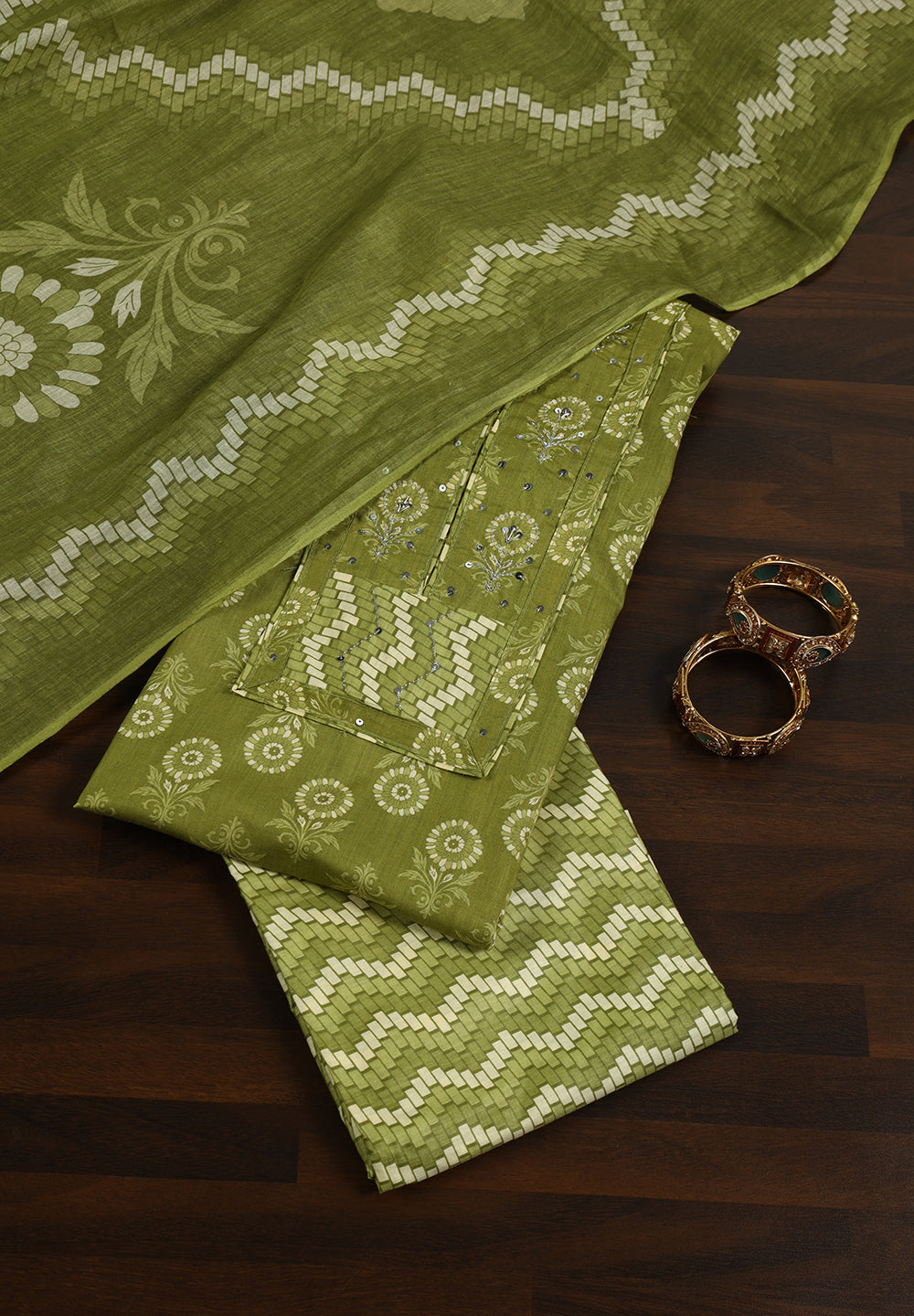 Floral Print Cotton Unstitched Suit with Zari & Sequin Work