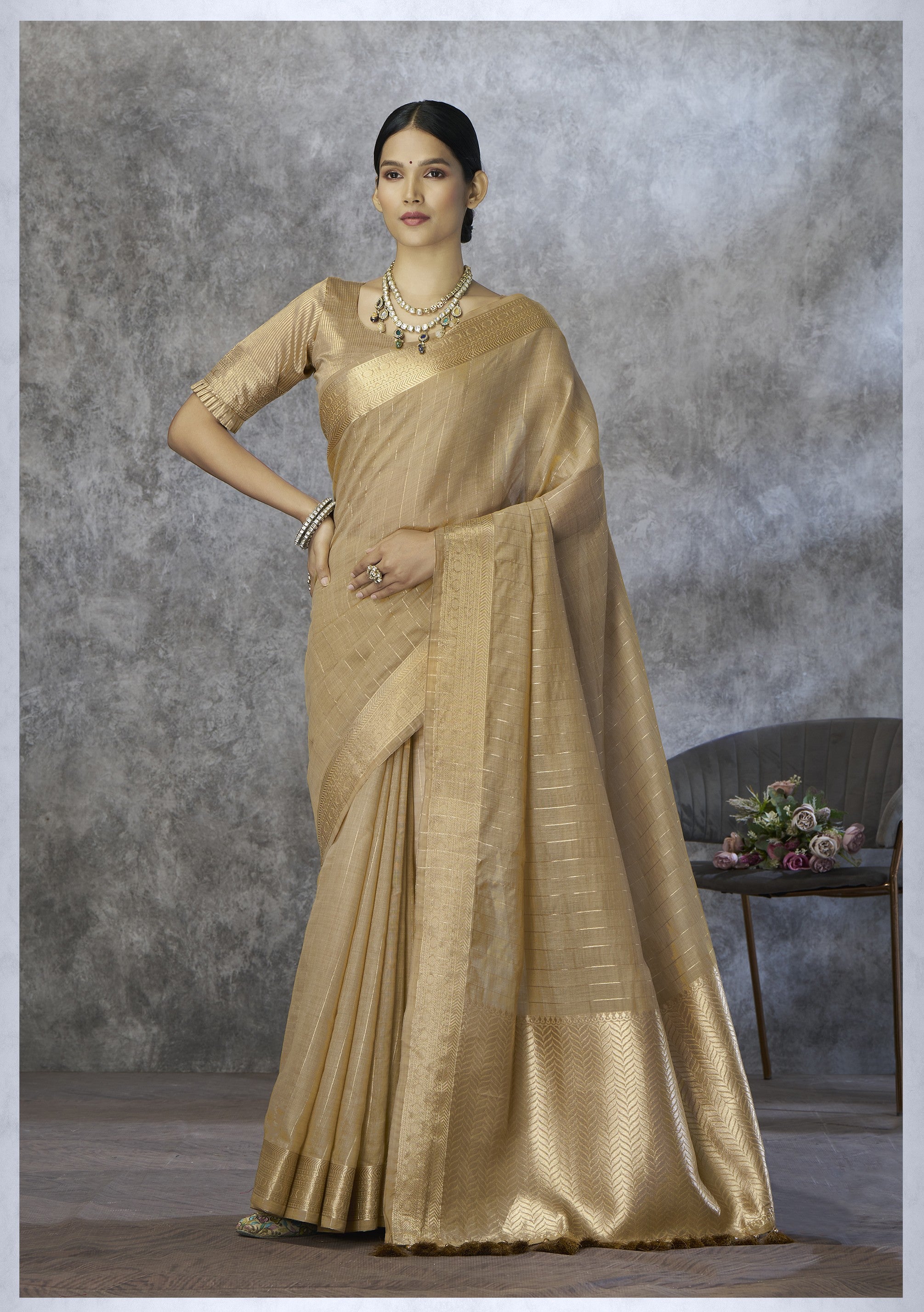 Silk Blend Saree with Gold Zari Border