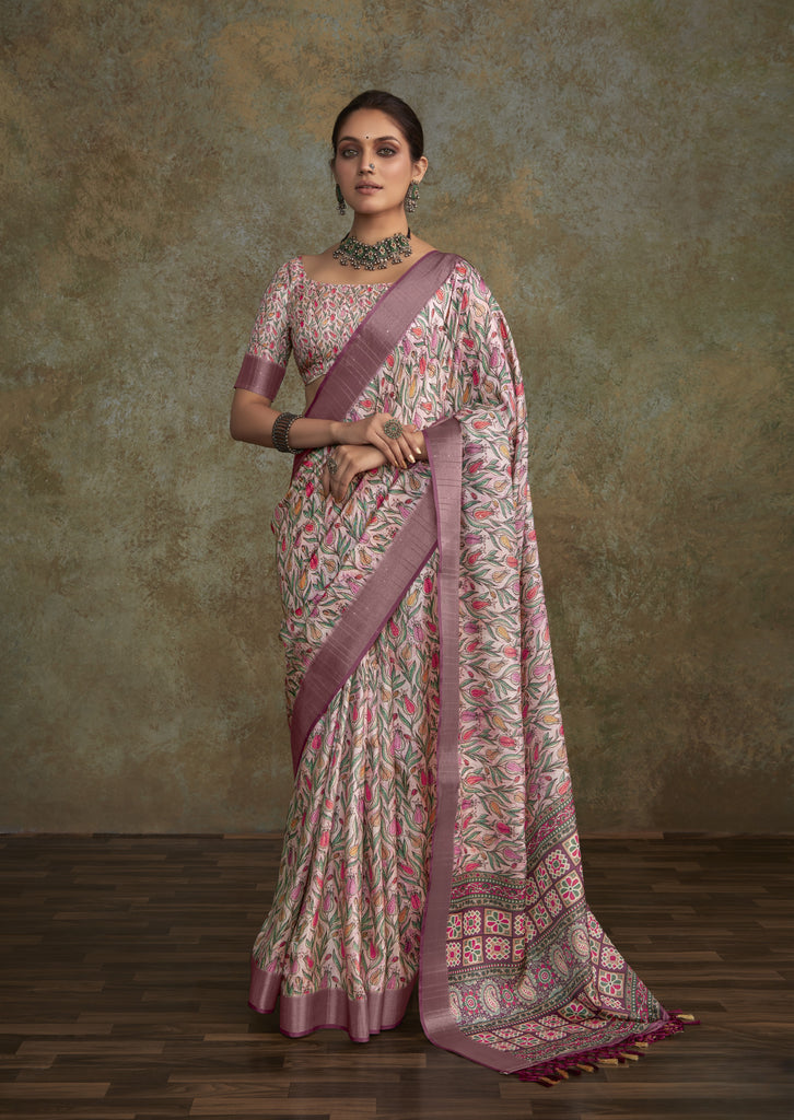Printed Silk Saree with Lustrous Zari Border