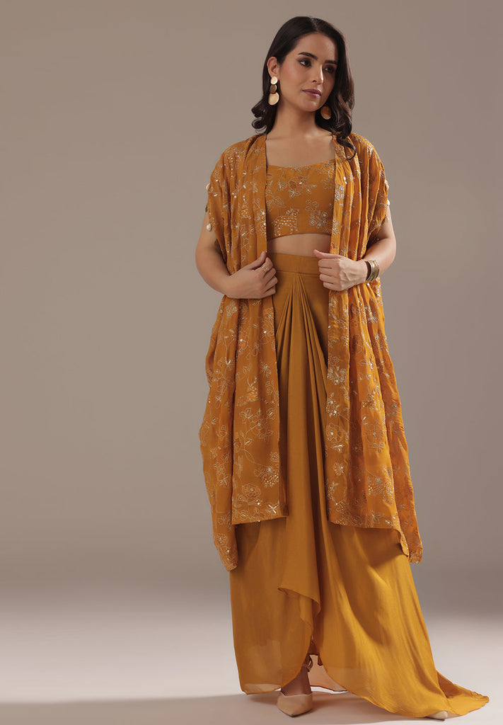 Ivory Embroidered Cape Set With Dhoti Skirt