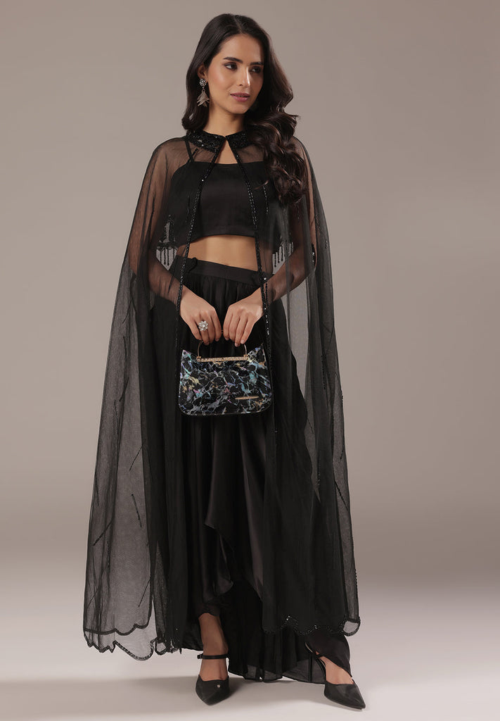 Black Drape Set With Sheer Embellished Cape