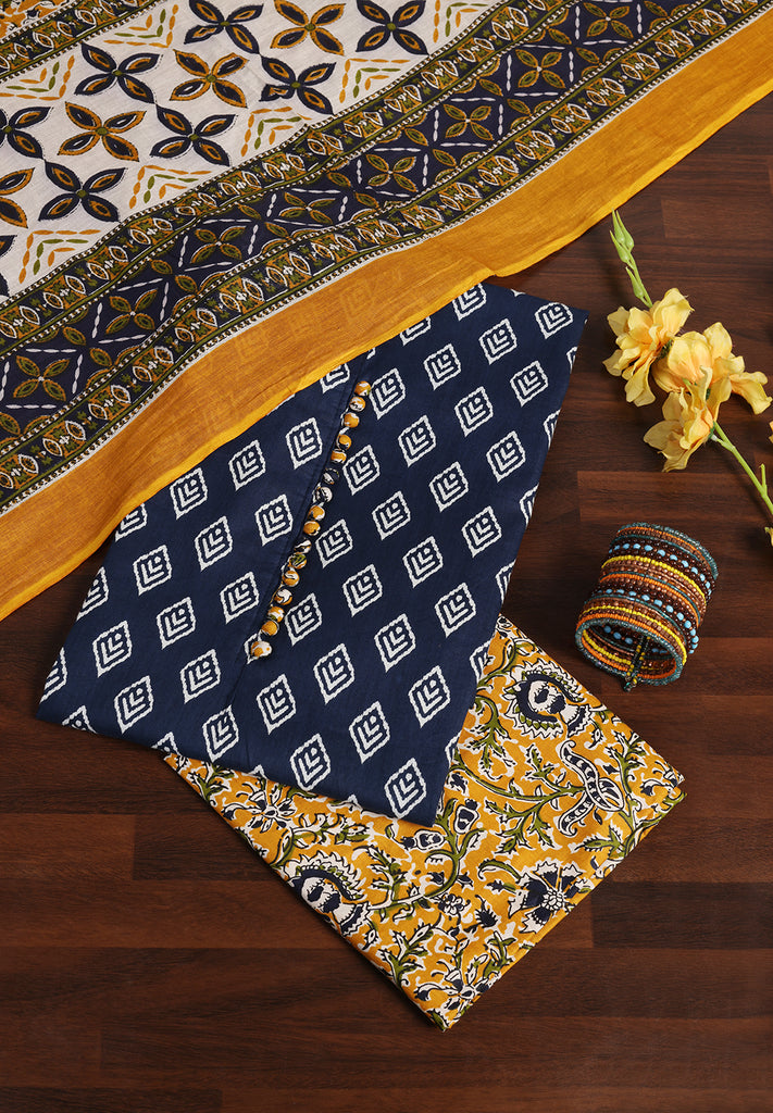 "Breezy Cotton Charm: Unstitched Printed Suit with Striking Contrast Dupatta"