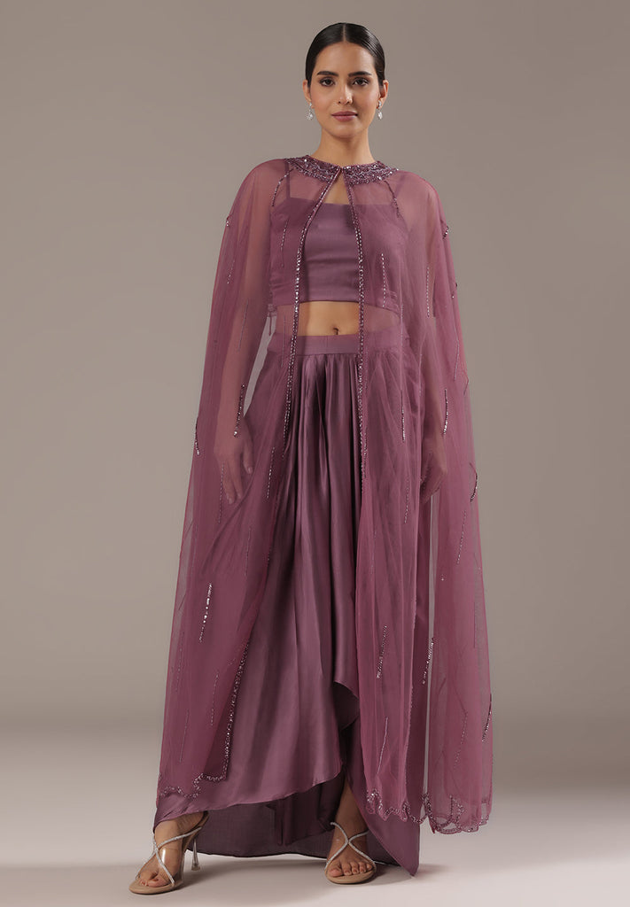 Black Drape Set With Sheer Embellished Cape