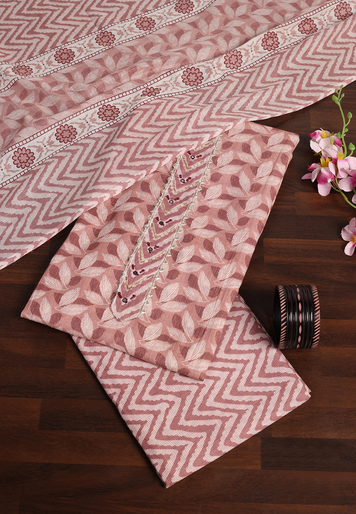 "Leaf Print Cotton Suit – Unstitched Grace with Neck Patch Detail"