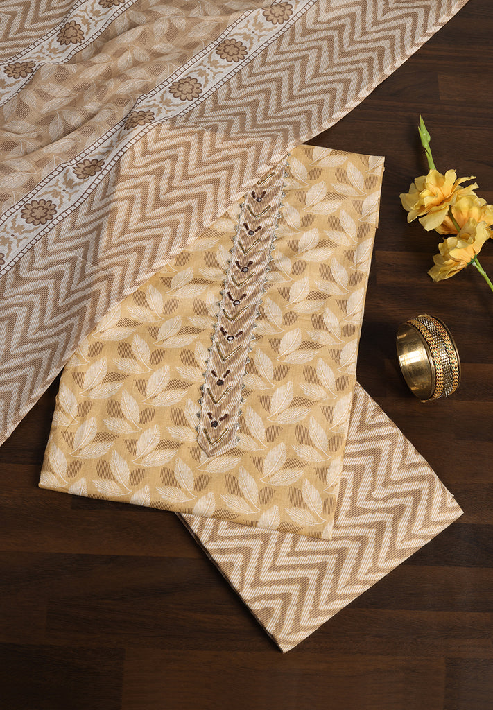 "Leaf Print Cotton Suit – Unstitched Grace with Neck Patch Detail"