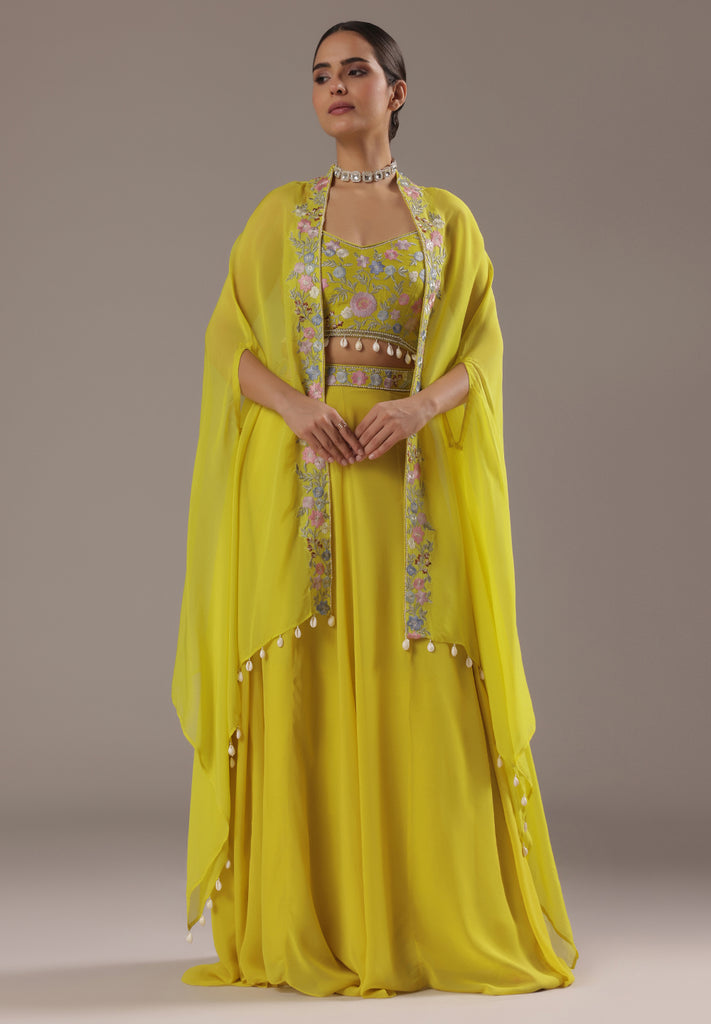 Ivory Flared Skirt & Dupatta With Pastel Embroidered Blouse