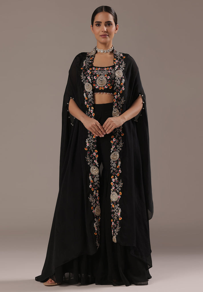 Black Chinnon Sharara Suit With Cape