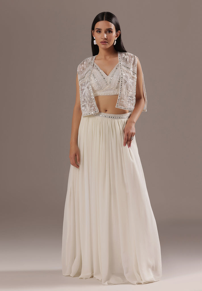 White Lehenga with Jacket Featuring Mirror & Moti Detailing
