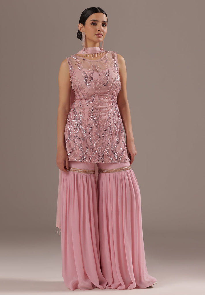 Pink Sharara Set With Pearls And Sequins Work
