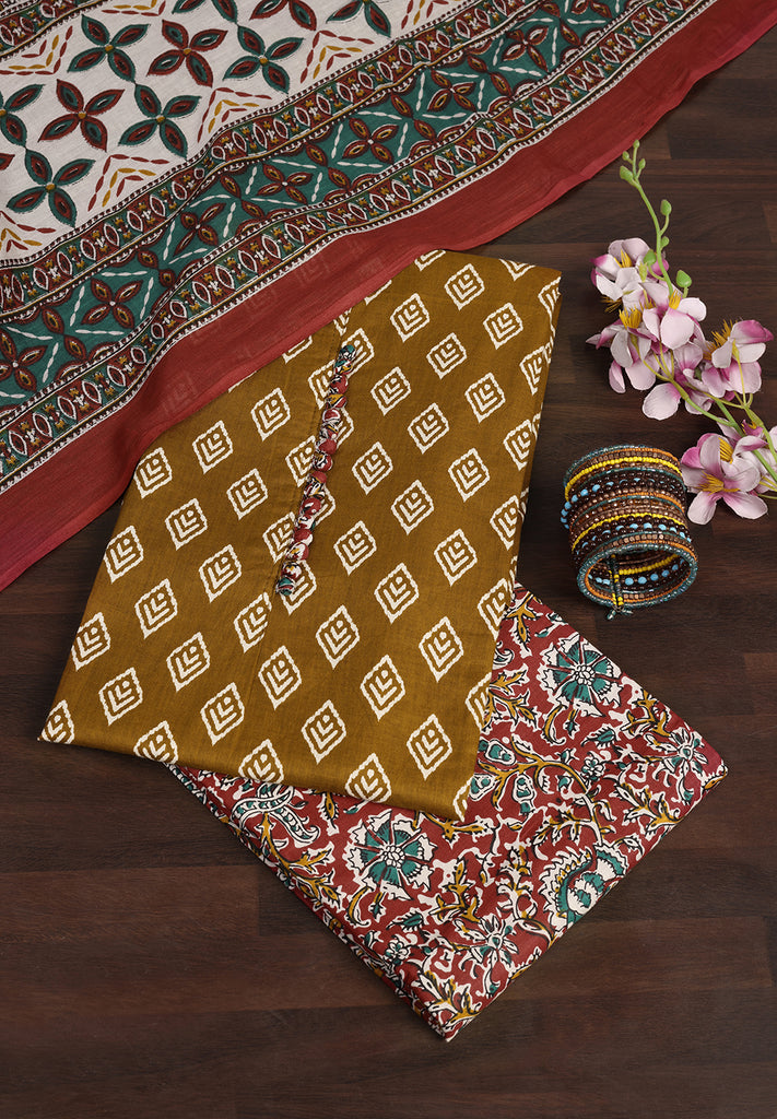 "Breezy Cotton Charm: Unstitched Printed Suit with Striking Contrast Dupatta"