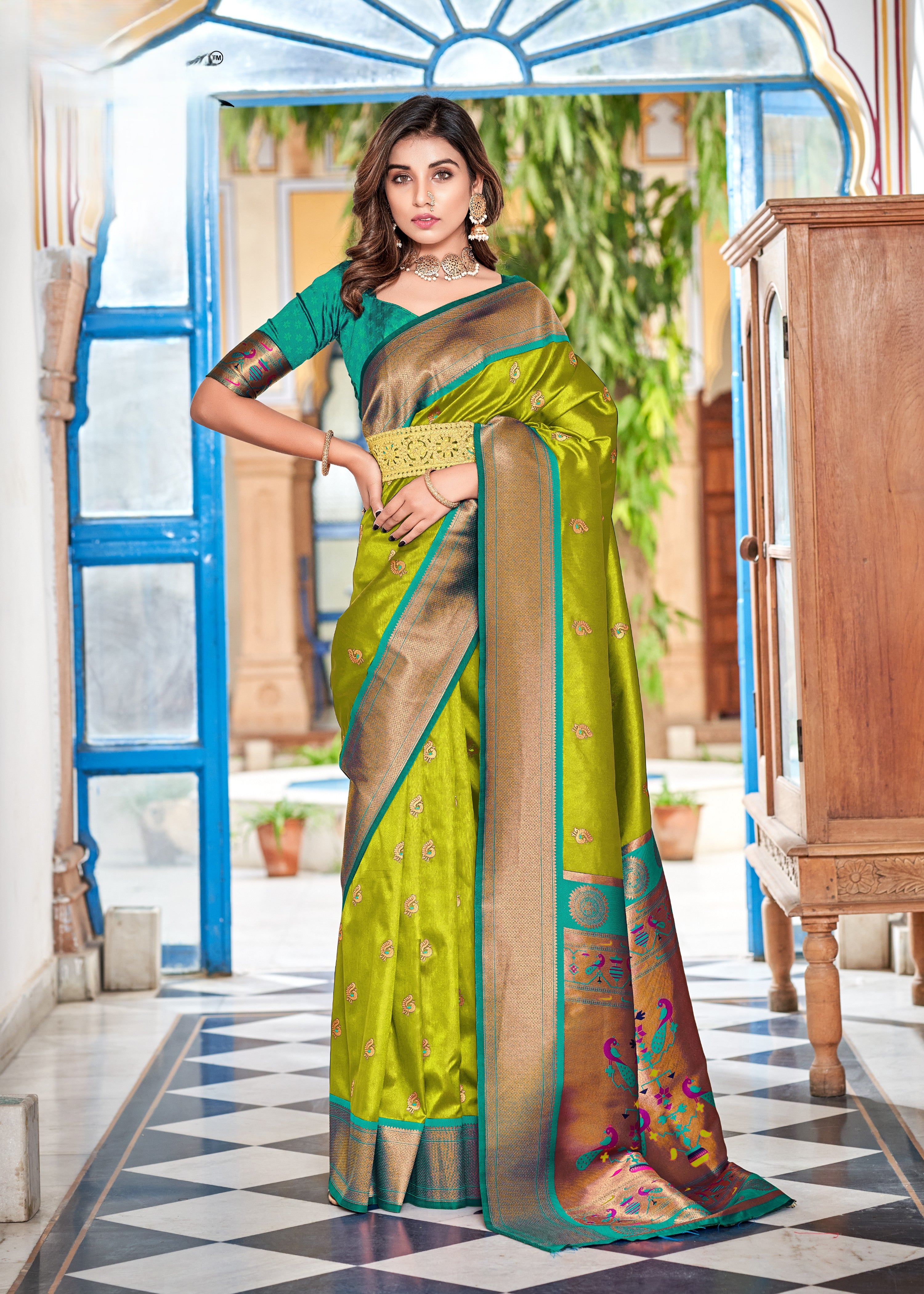 Silk Saree With Motifs pallu And  Gold Zari Border