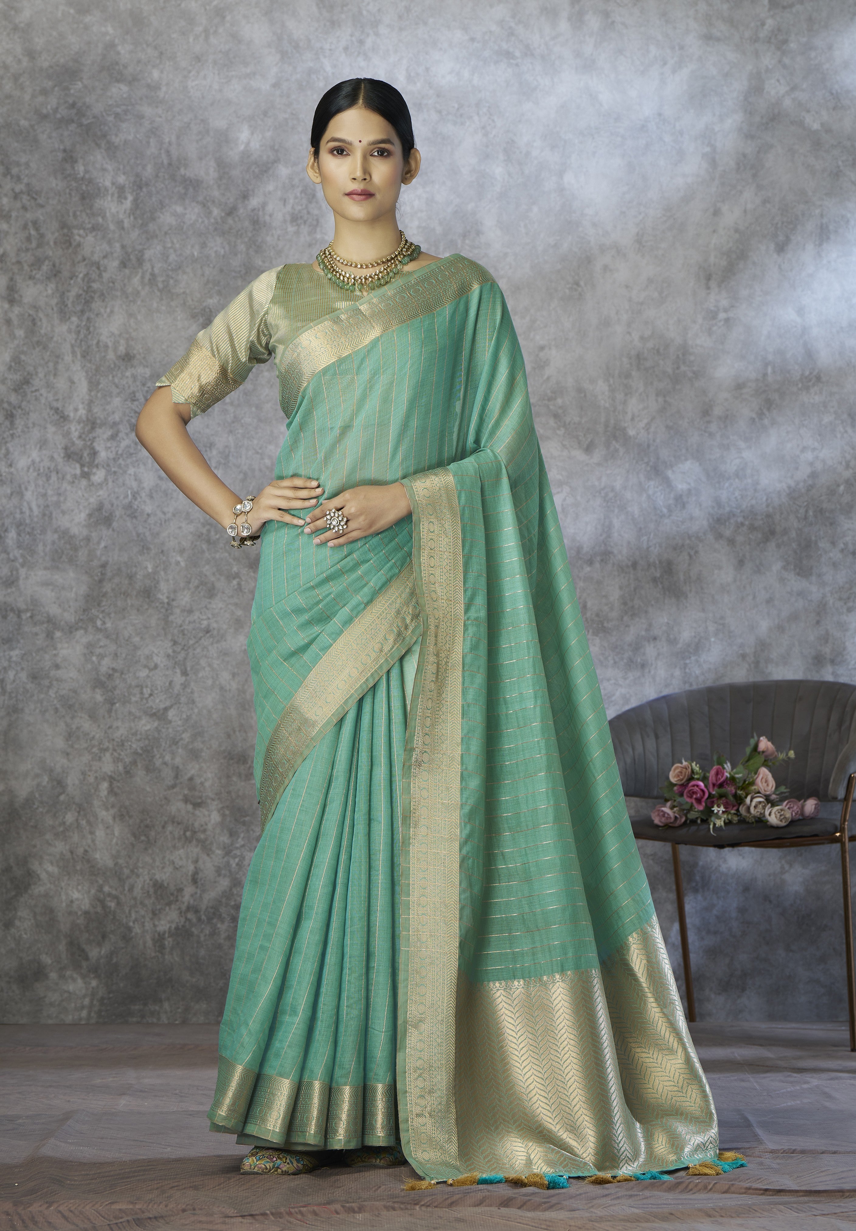 Silk Blend Saree with Gold Zari Border