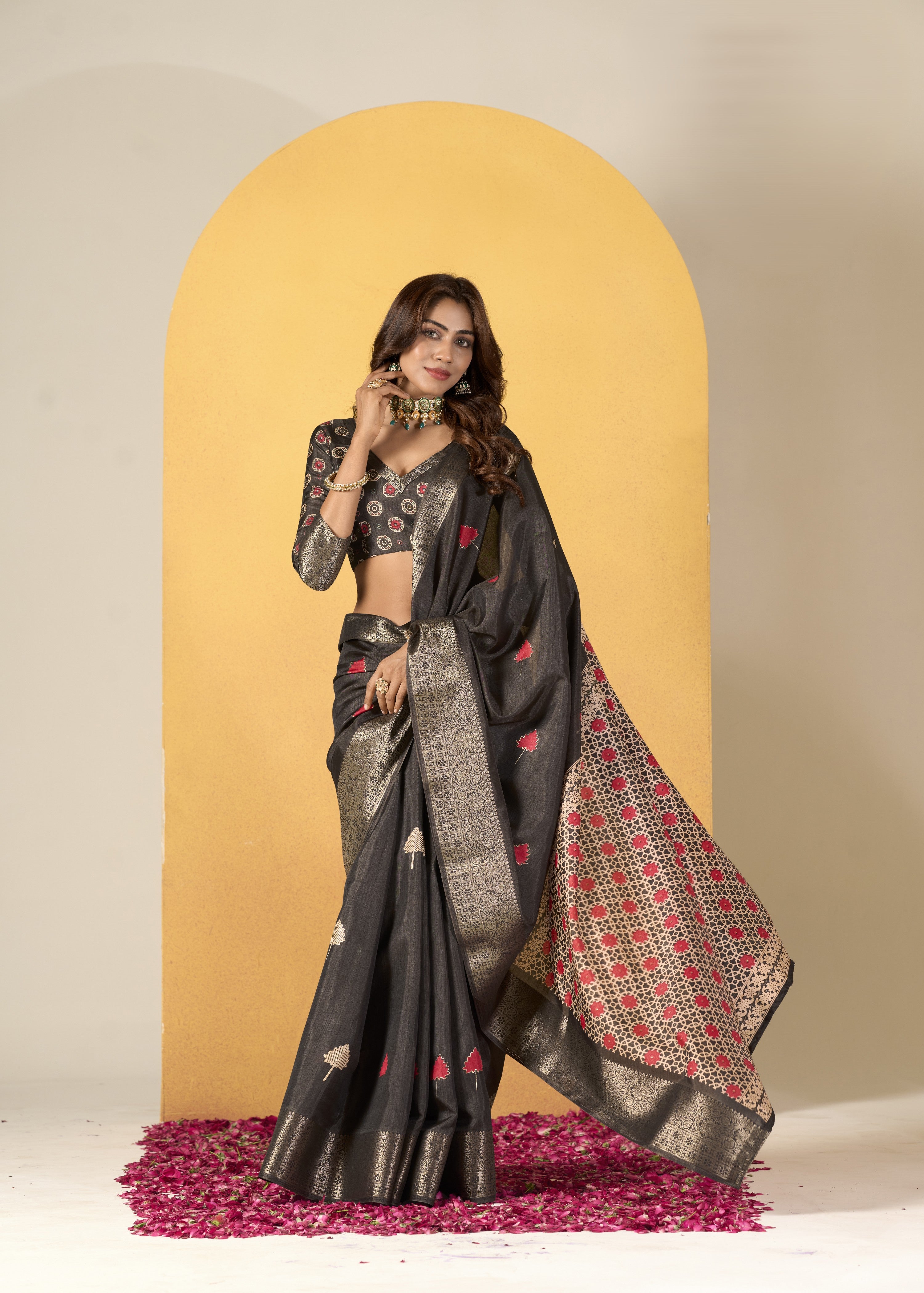 Art Silk Saree with Banarasi Border & Ajrakh Printed Blouse