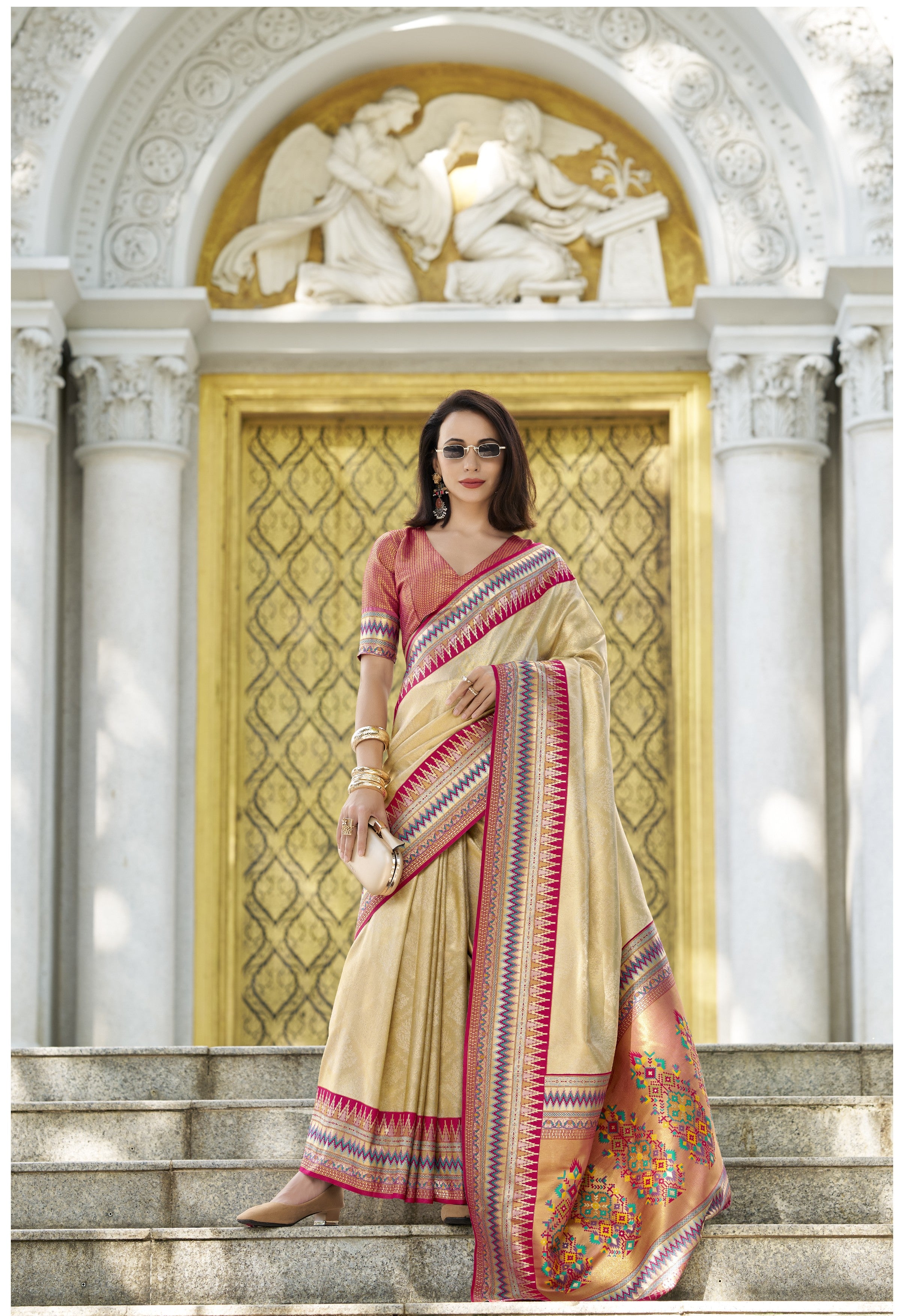 Banarasi Silk Saree with Multicolored Patola-Style Border