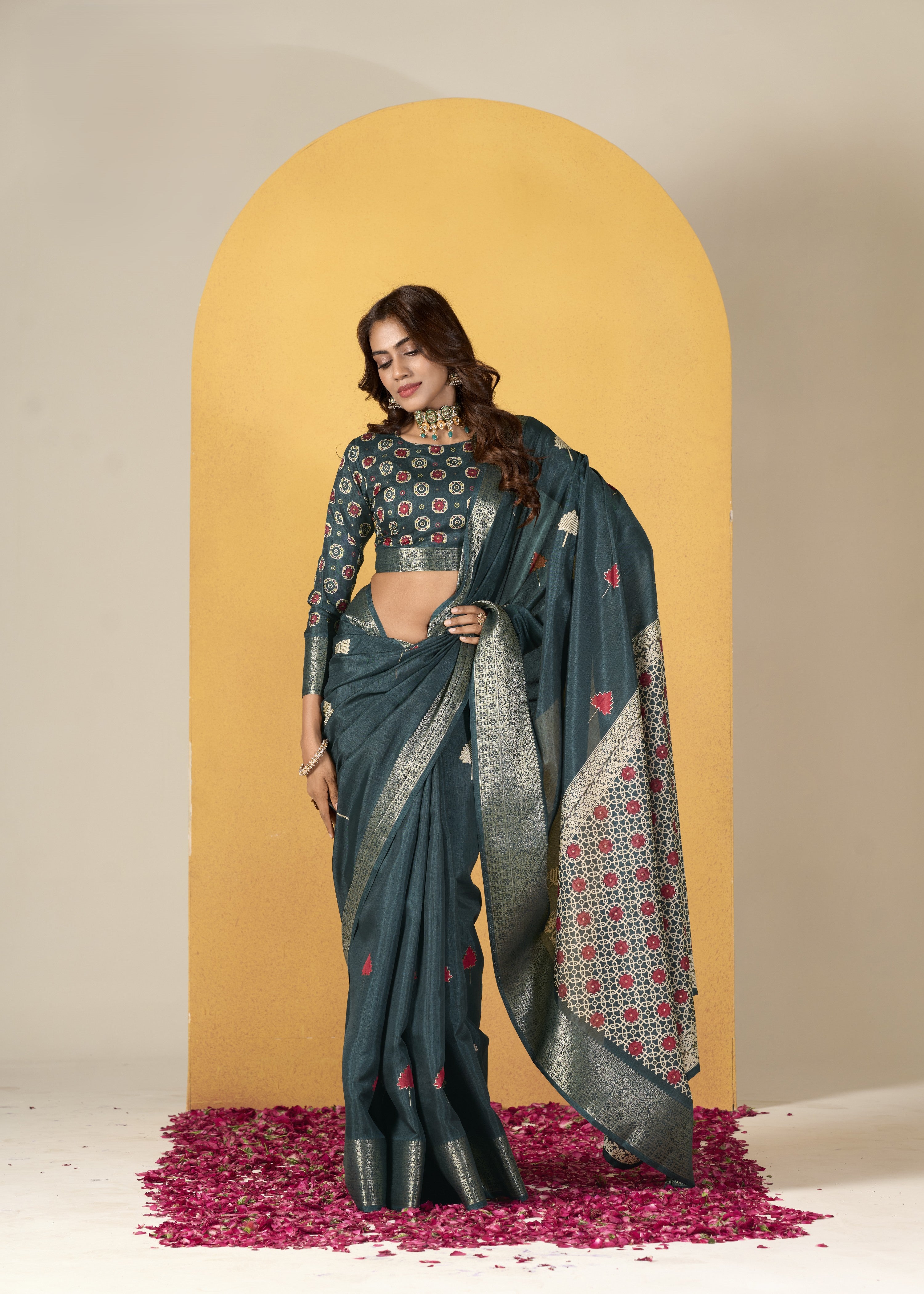 Art Silk Saree with Banarasi Border & Ajrakh Printed Blouse
