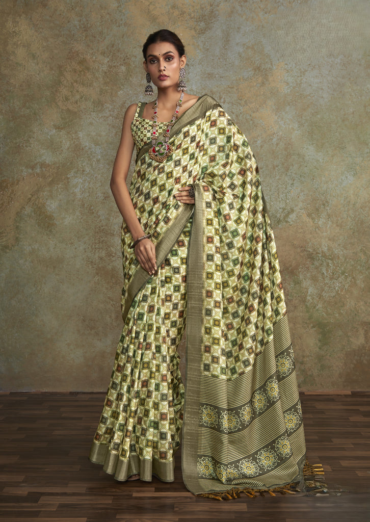 Printed Silk Saree with Lustrous Zari Border