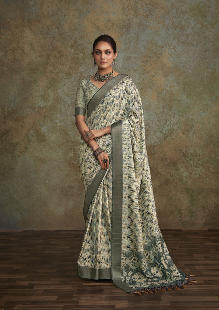 Printed Silk Saree with Lustrous Zari Border
