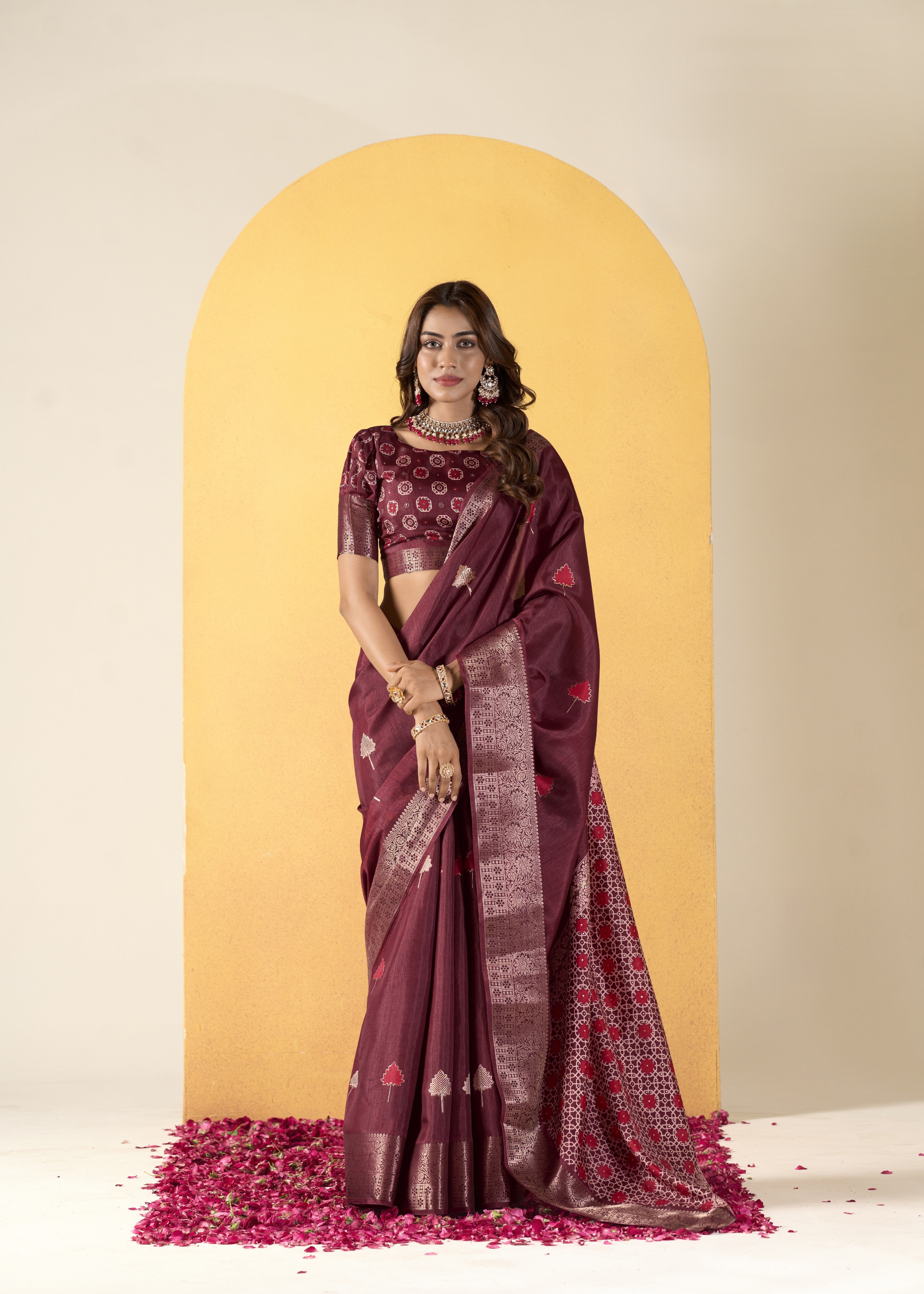 Art Silk Saree with Banarasi Border & Ajrakh Printed Blouse