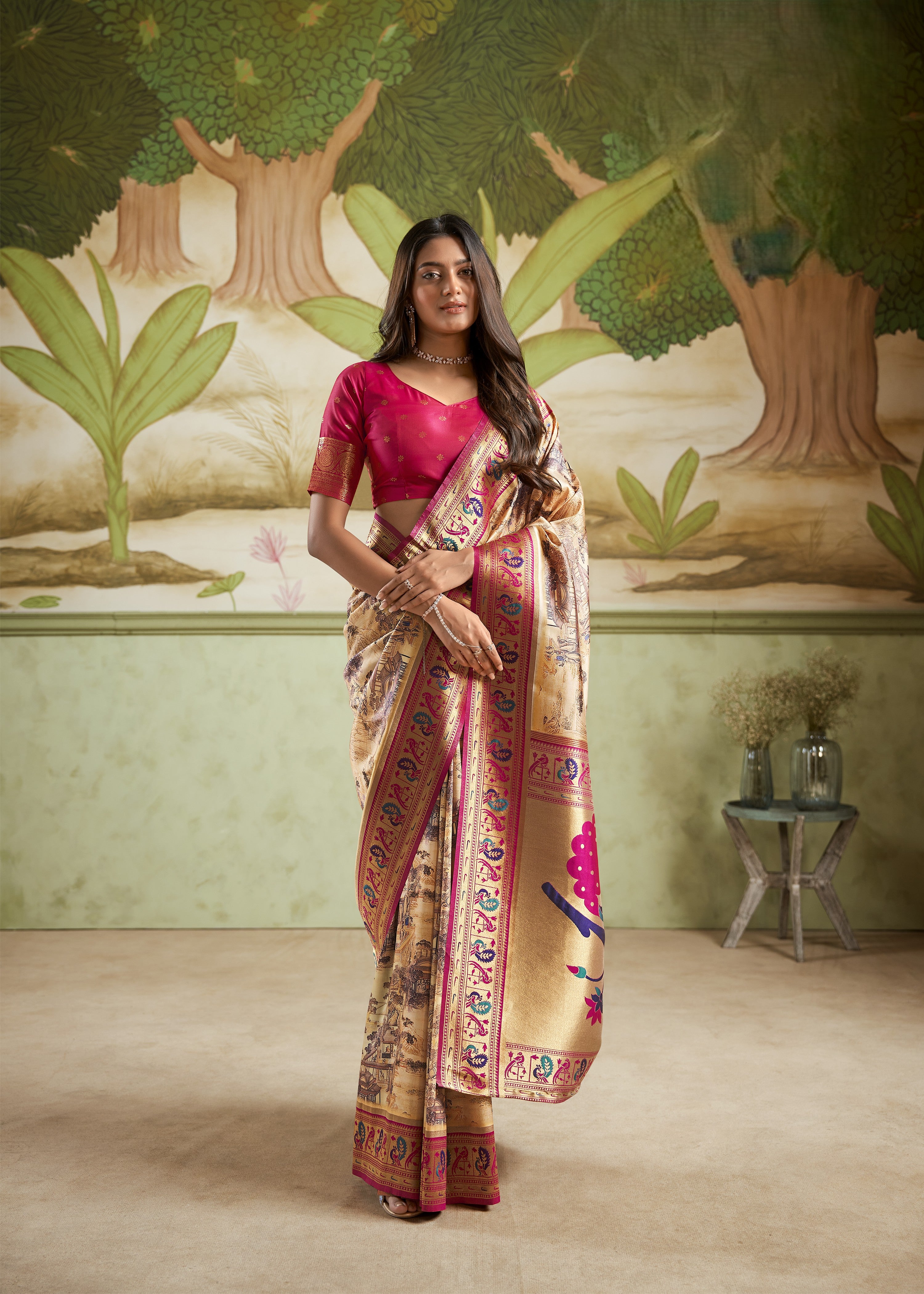 Multi Printed Satin Crepe Saree