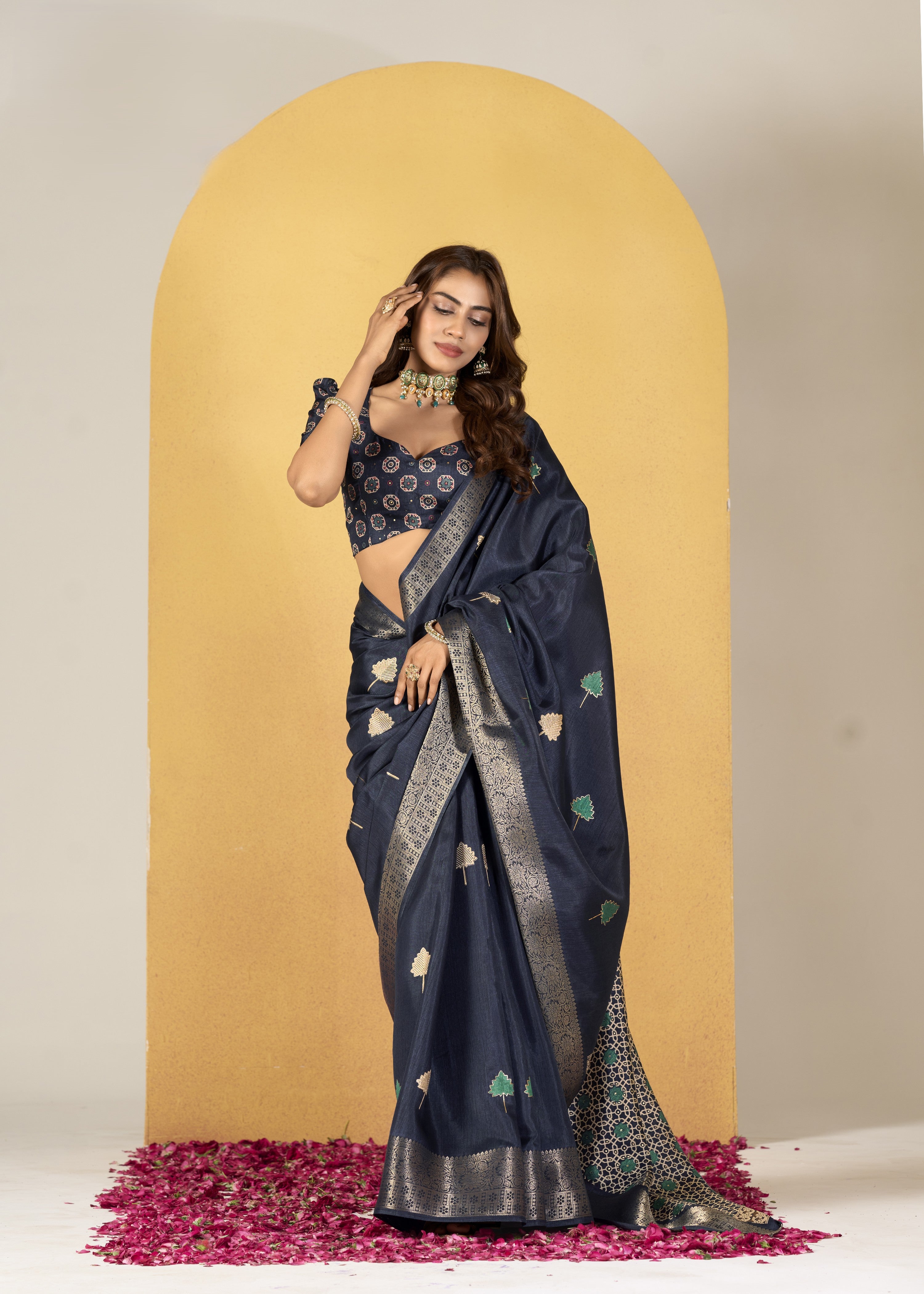 Art Silk Saree with Banarasi Border & Ajrakh Printed Blouse