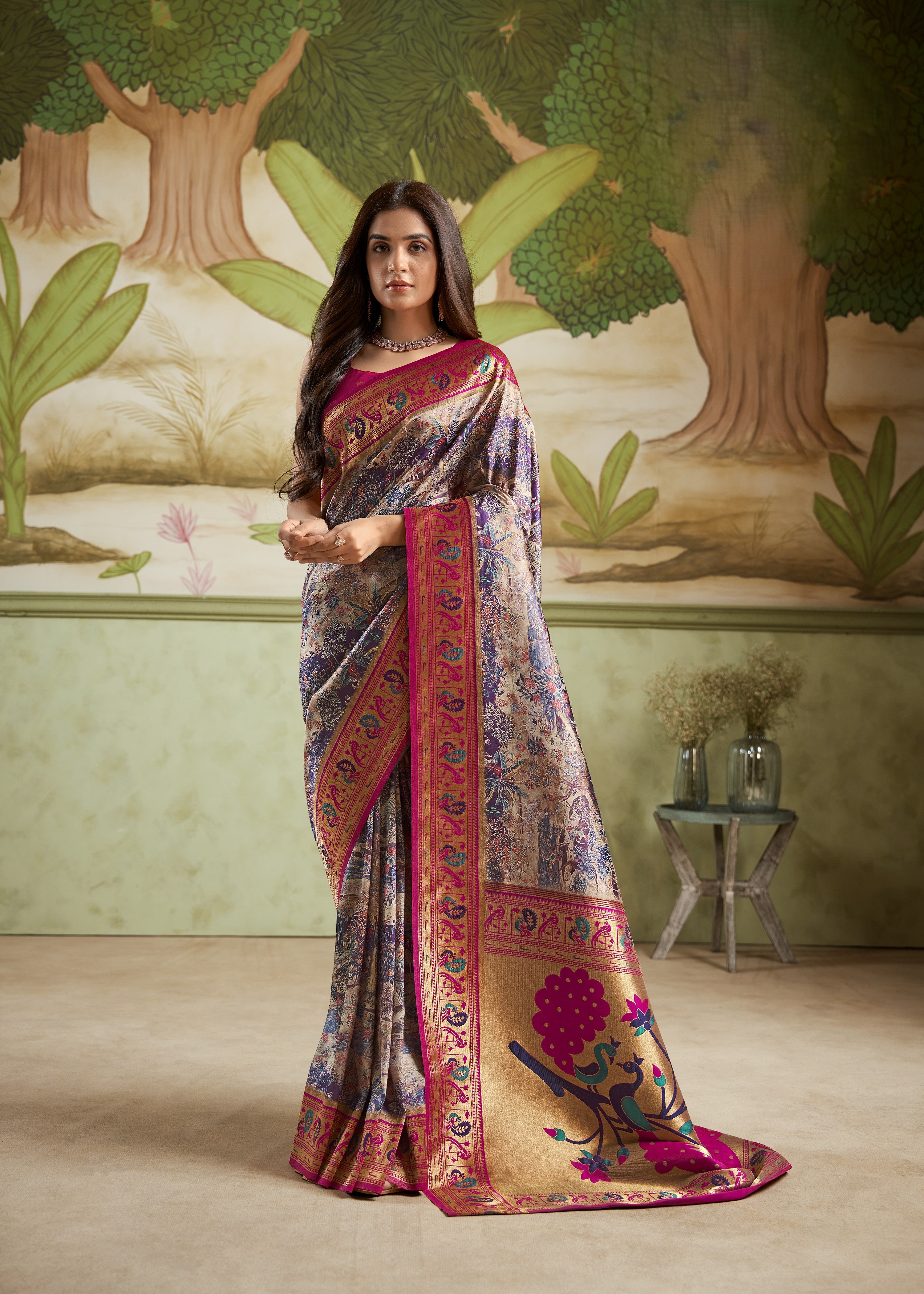 Multi Printed Satin Crepe Saree