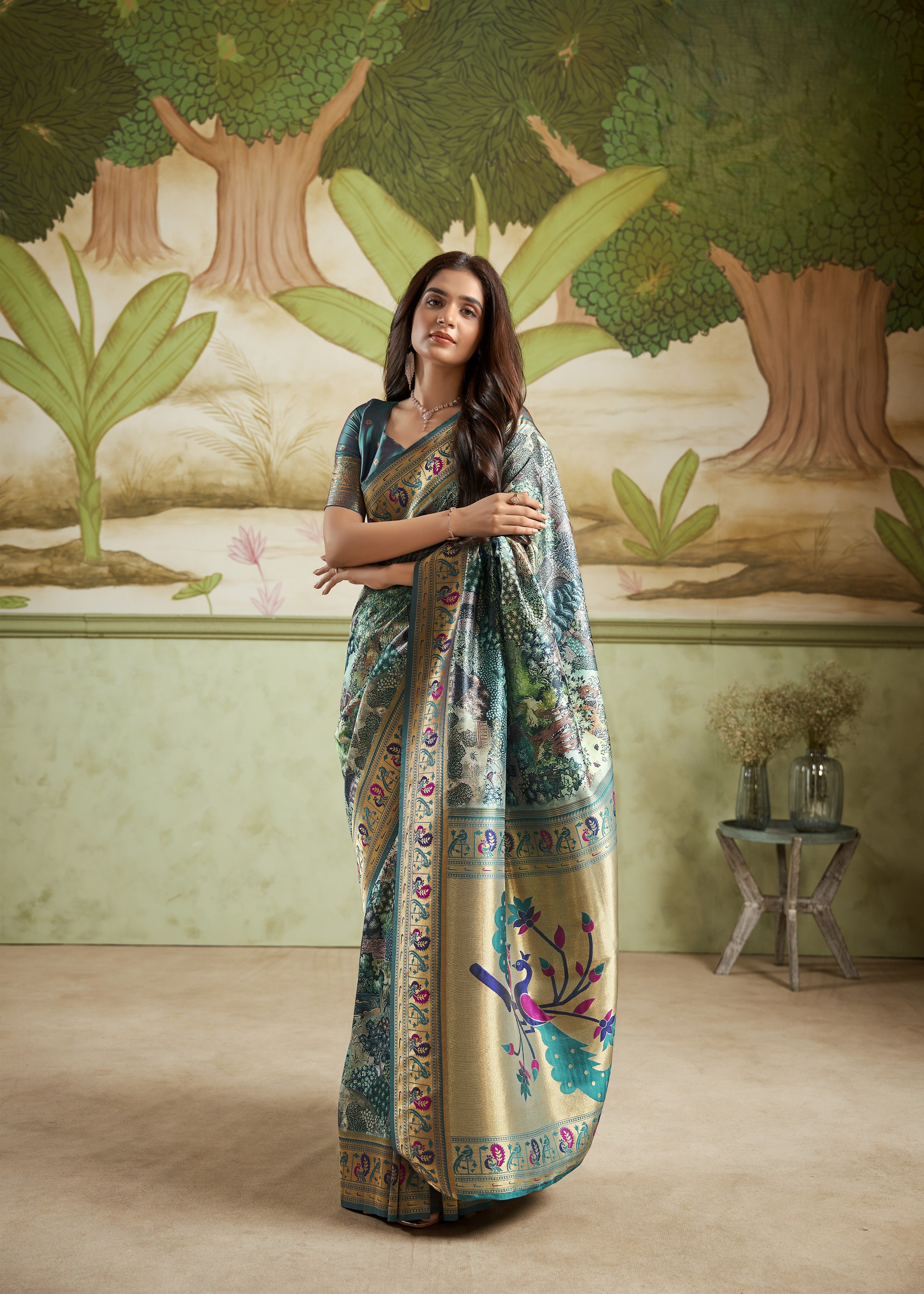 Multi Printed Satin Crepe Saree