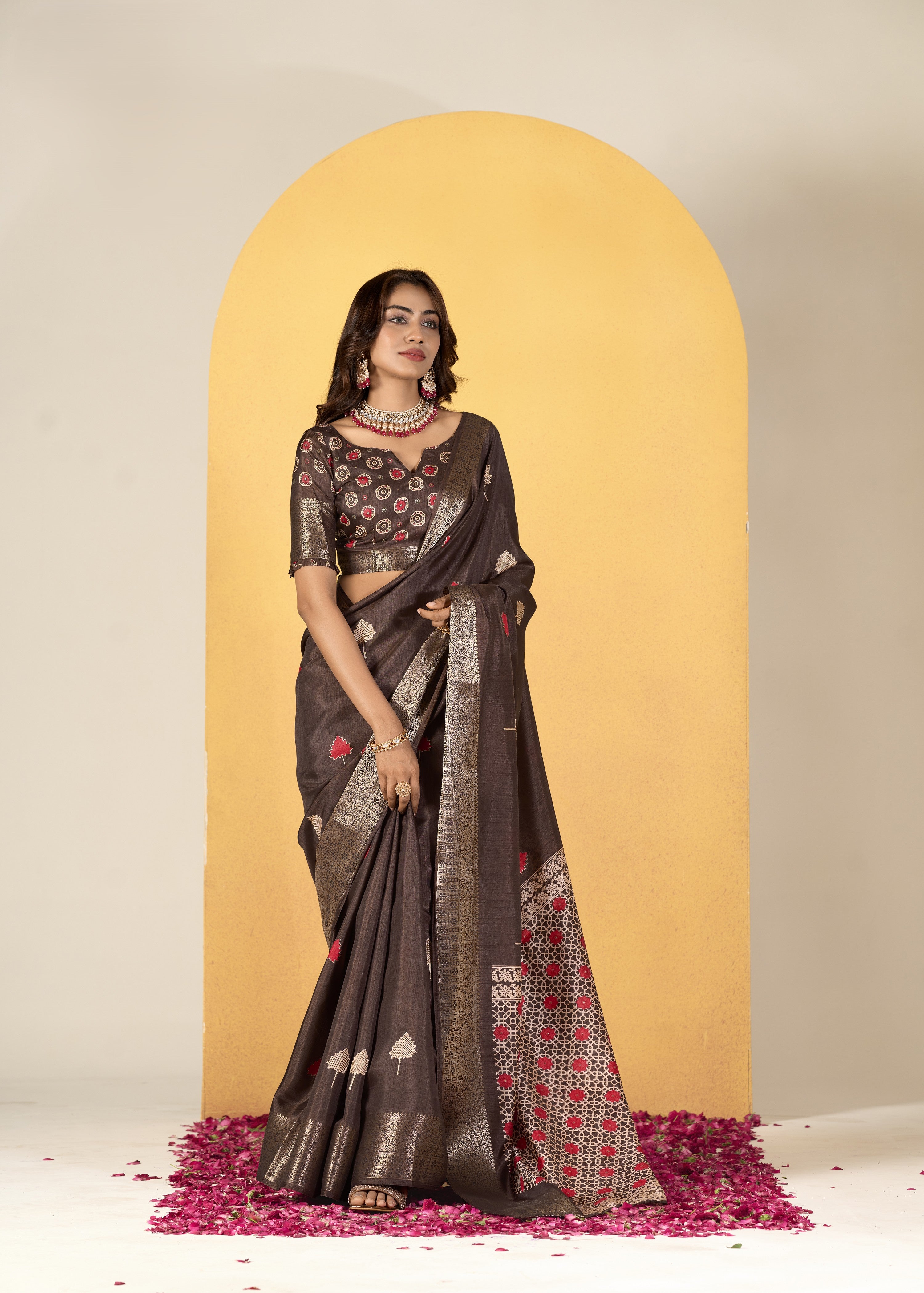 Art Silk Saree with Banarasi Border & Ajrakh Printed Blouse